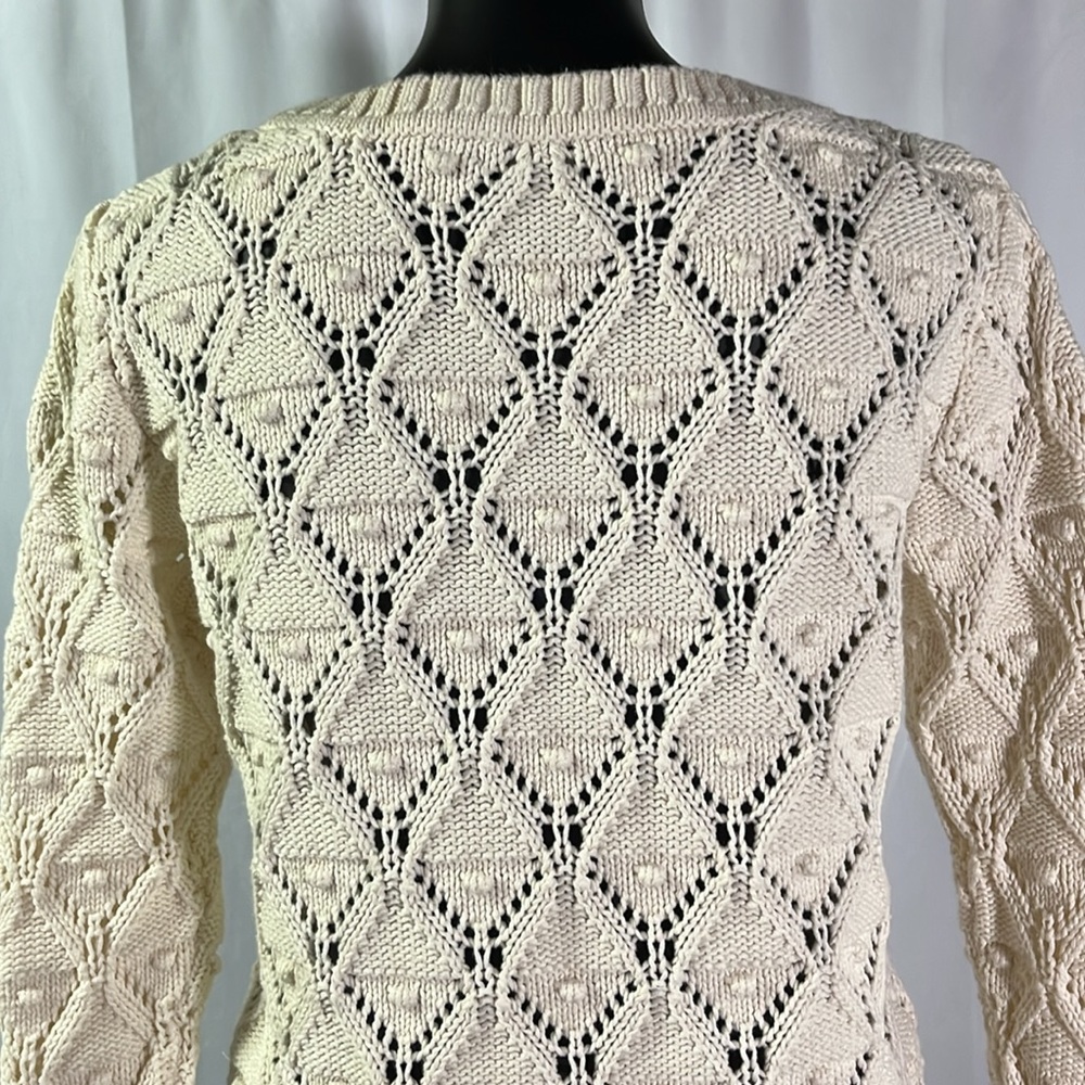 Tommy Hilfiger Cream Chunky Loose Pom Pom Knit Long Sleeve Cotton Sweater - Picture 10 of 16